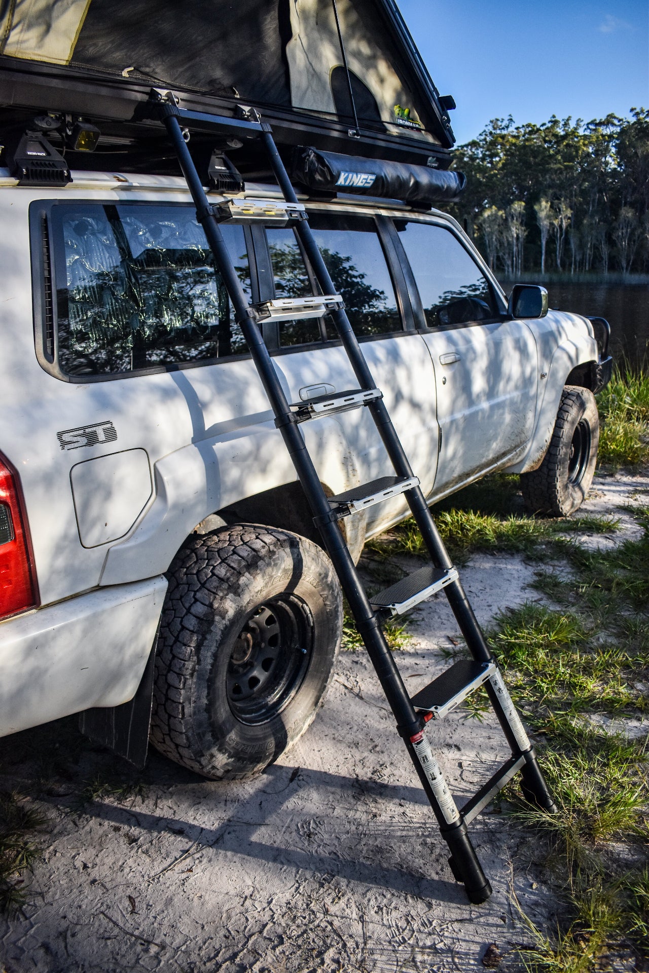 Set of Aluminium Rooftop Tent Ladder Step Wide Upgrade - Ladder Open - Diagonal View