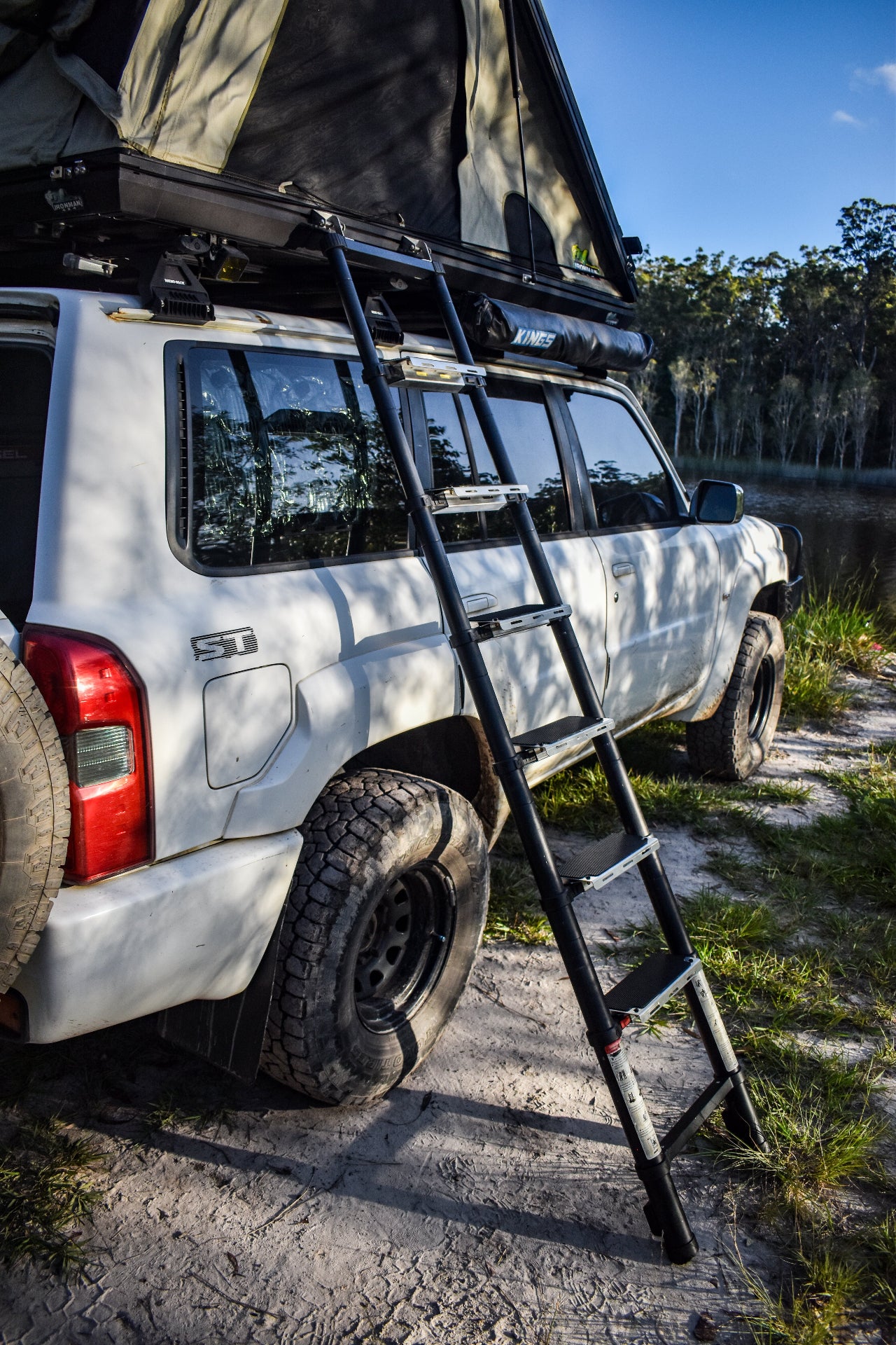 Set of Aluminium Rooftop Tent Ladder Step Wide Upgrade - Ladder Open - Front View 1