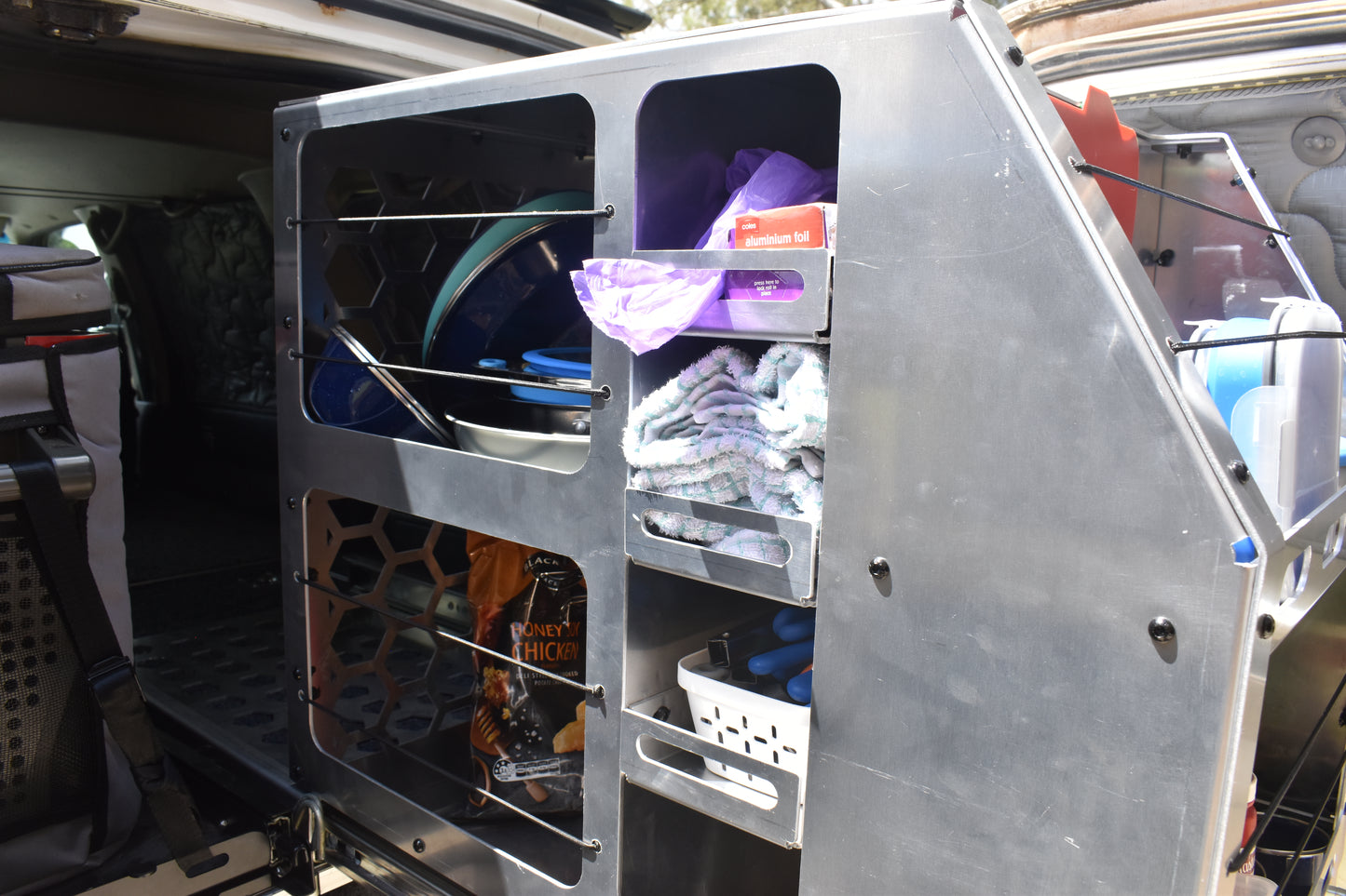 Aluminium Slide Out Pantry - Canopy - Open - In Use - Side Close View