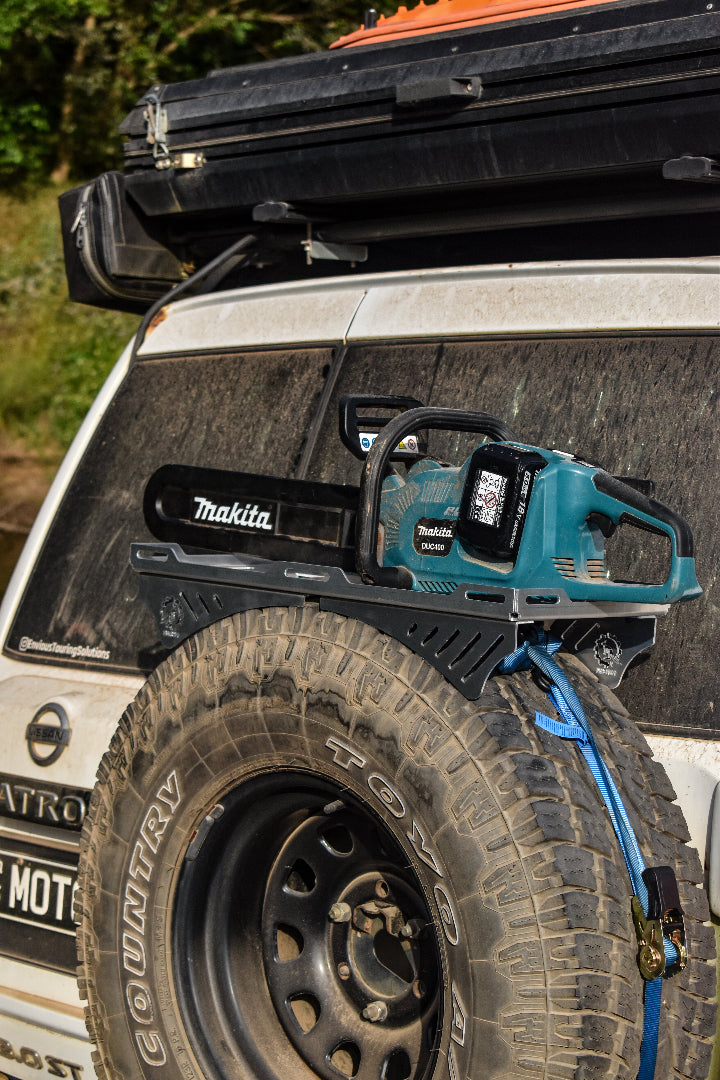 Spare Tyre Rack Platform on Vehicle with Chainsaw Attached