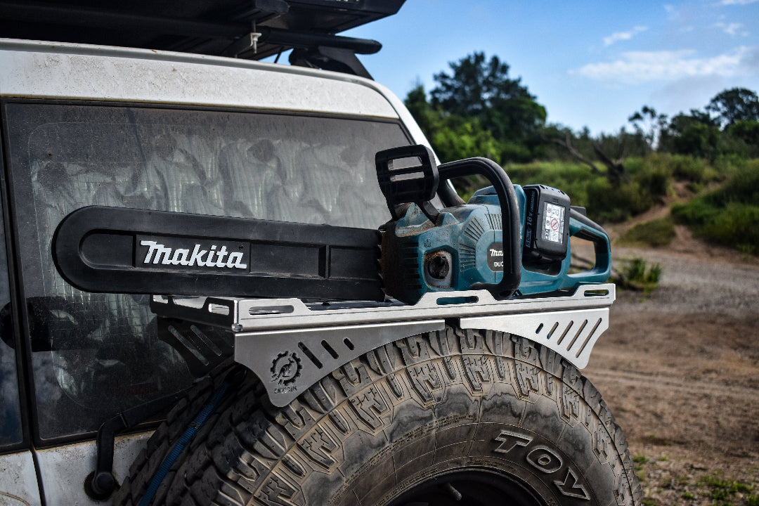 Spare Tyre Rack Platform on Vehicle with Chainsaw Attached Closeup